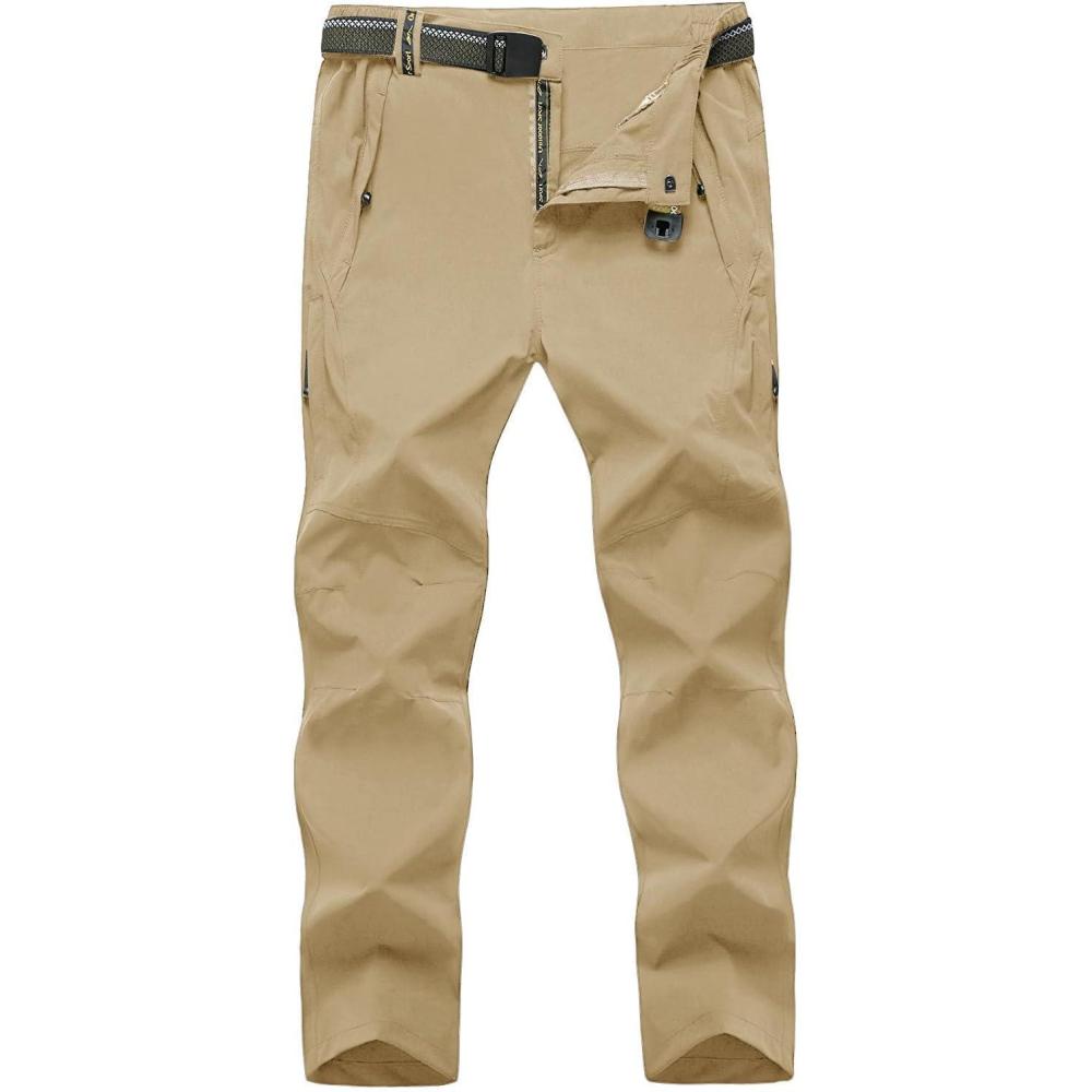 imageTBMPOY Mens Lightweight Hiking Pants with Belt 5 Zip Pockets Waterproof QuickDry Travel Fishing Work Outdoor PantsA30thin Beige Brown