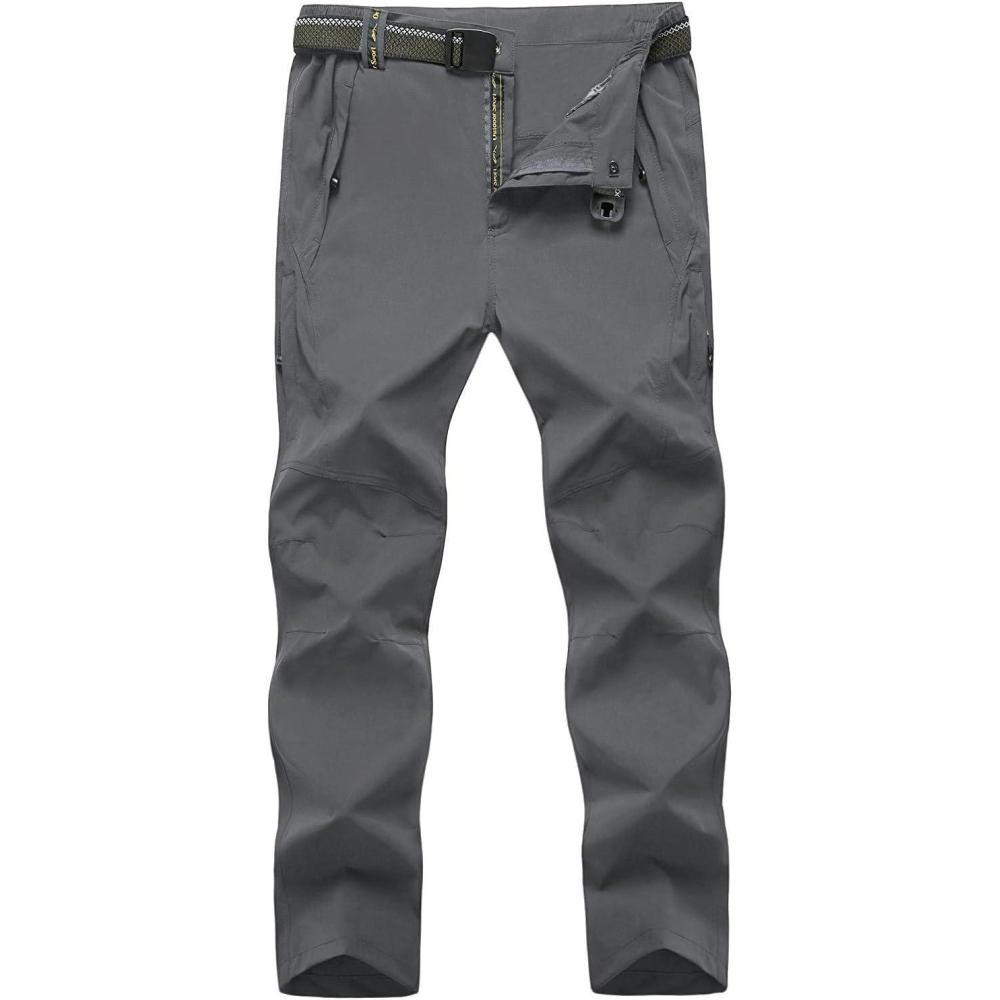 imageTBMPOY Mens Lightweight Hiking Pants with Belt 5 Zip Pockets Waterproof QuickDry Travel Fishing Work Outdoor PantsA31thin Charcoal Grey