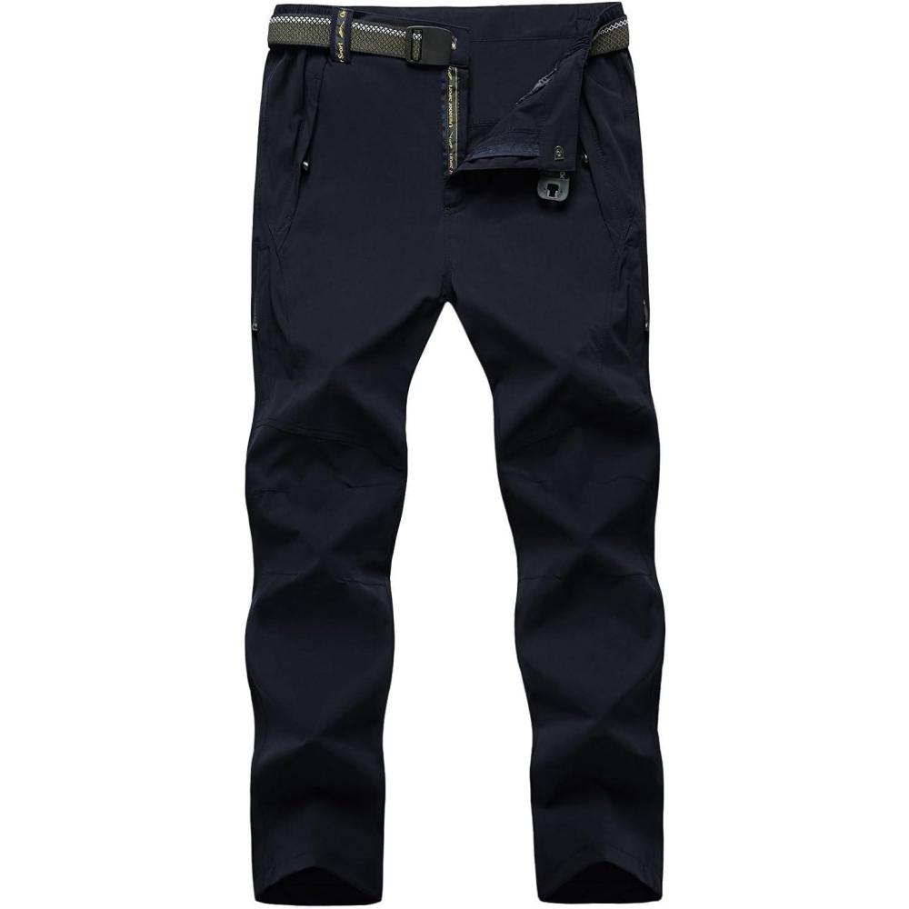 imageTBMPOY Mens Lightweight Hiking Pants with Belt 5 Zip Pockets Waterproof QuickDry Travel Fishing Work Outdoor PantsA6thin Navy