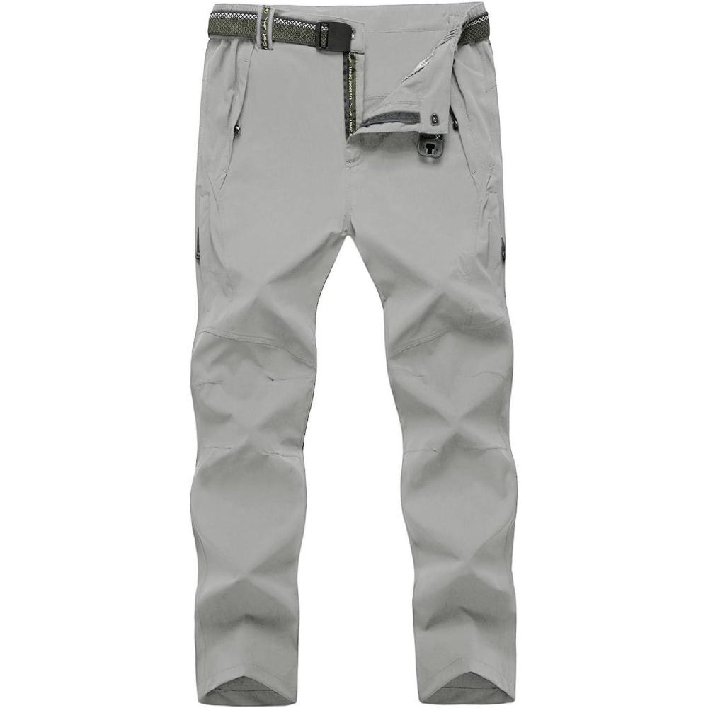 imageTBMPOY Mens Lightweight Hiking Pants with Belt 5 Zip Pockets Waterproof QuickDry Travel Fishing Work Outdoor PantsA7thin Light Gray