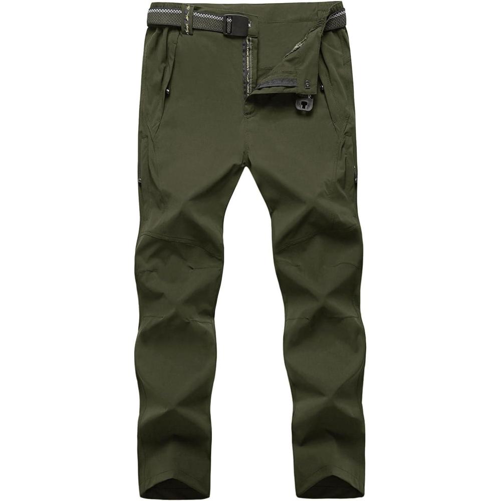 imageTBMPOY Mens Lightweight Hiking Pants with Belt 5 Zip Pockets Waterproof QuickDry Travel Fishing Work Outdoor PantsA8thin Green