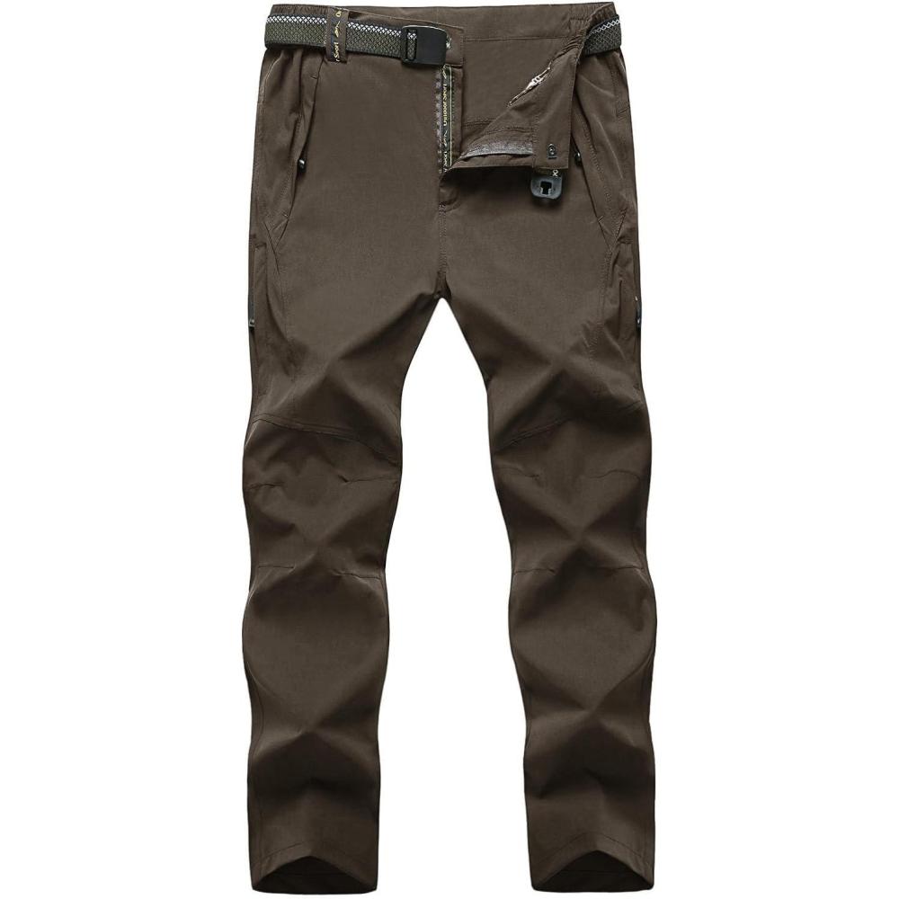 imageTBMPOY Mens Lightweight Hiking Pants with Belt 5 Zip Pockets Waterproof QuickDry Travel Fishing Work Outdoor PantsA9thin Brown