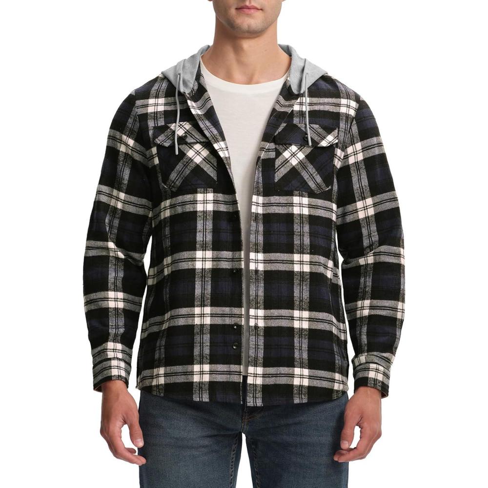 imageTBMPOY Mens Lightweight Hoodie Shirts Plaid Flannel Button Up Long Sleeve Pajamas with Pockets Hoodie Fall Casual OutfitsBlack Navy