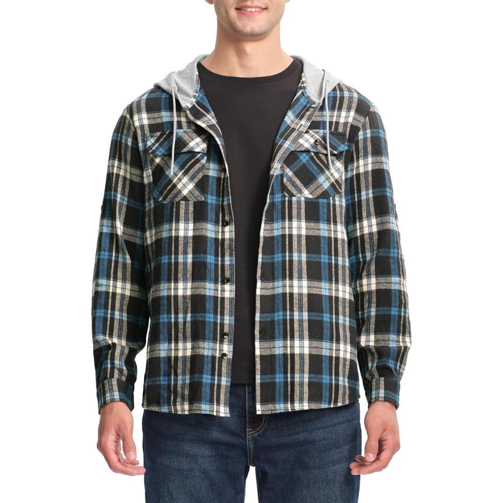 imageTBMPOY Mens Lightweight Hoodie Shirts Plaid Flannel Button Up Long Sleeve Pajamas with Pockets Hoodie Fall Casual OutfitsNavy Blue