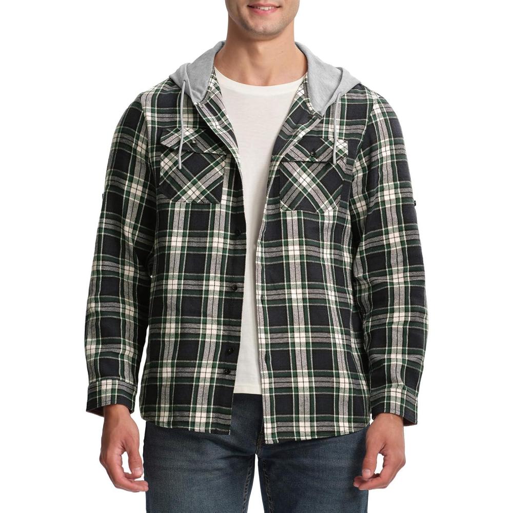 imageTBMPOY Mens Lightweight Hoodie Shirts Plaid Flannel Button Up Long Sleeve Pajamas with Pockets Hoodie Fall Casual OutfitsNavy Green