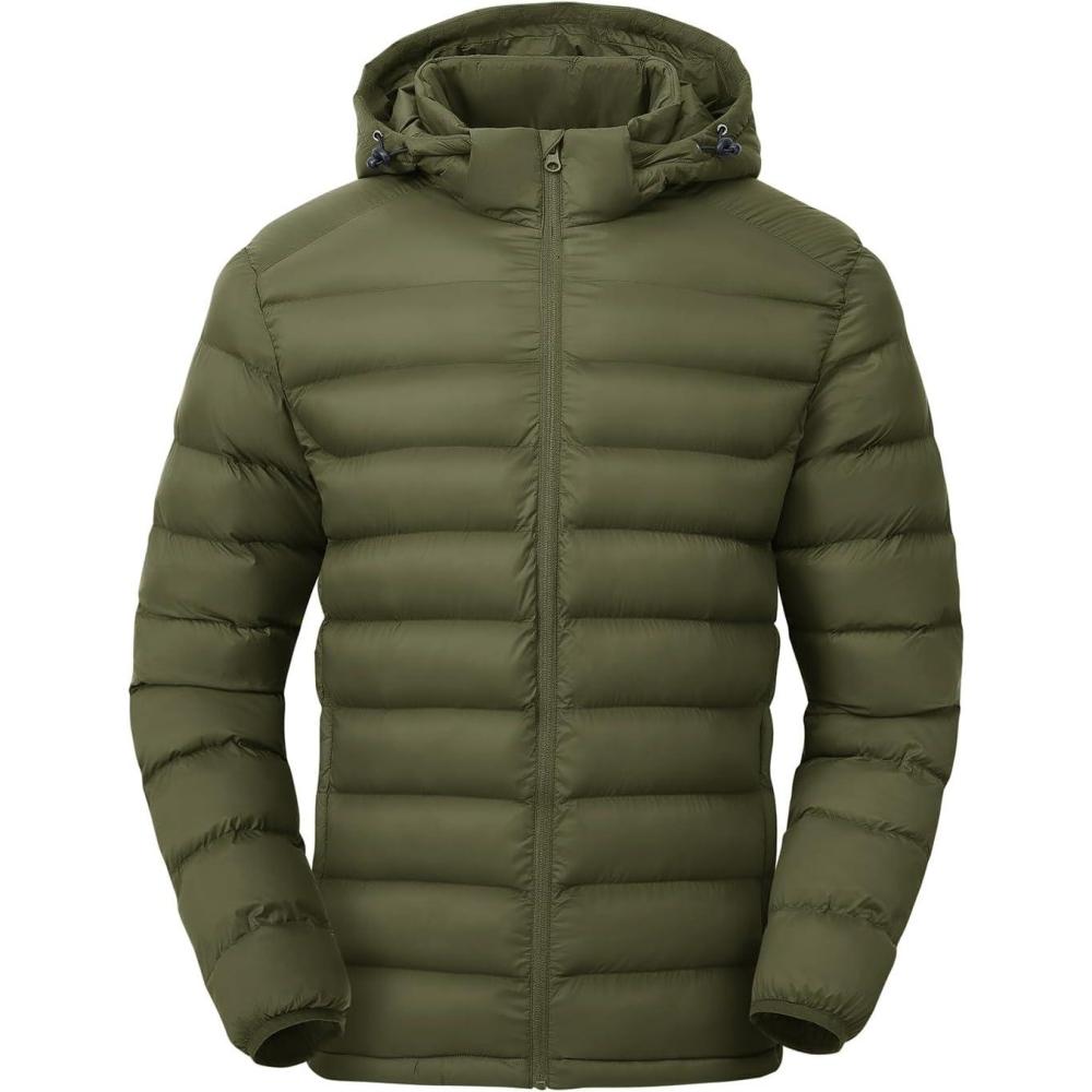 imageTBMPOY Mens Lightweight Puffer Jackets Detachable Hood WaterResistant Casual Winter Coat Hooded Insulated for Travel SkiArmy Green
