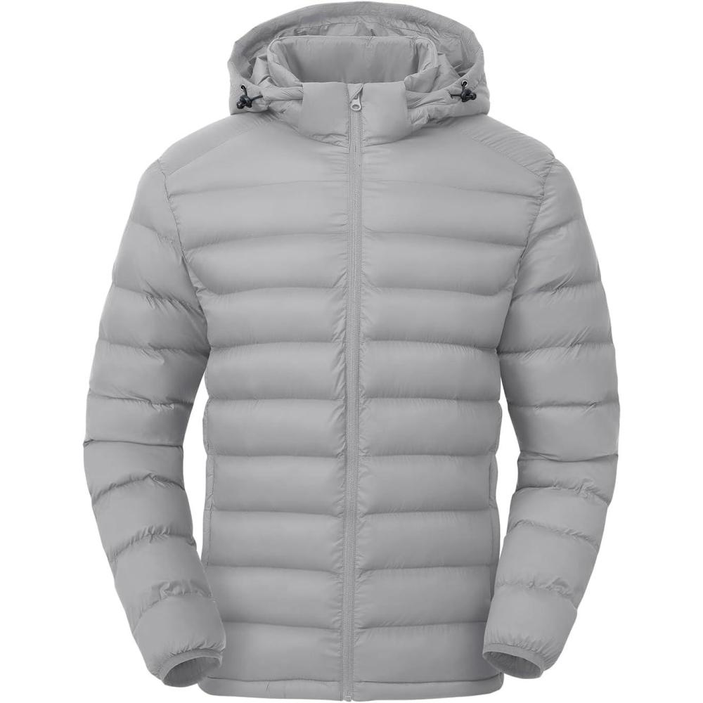 imageTBMPOY Mens Lightweight Puffer Jackets Detachable Hood WaterResistant Casual Winter Coat Hooded Insulated for Travel SkiLight Grey