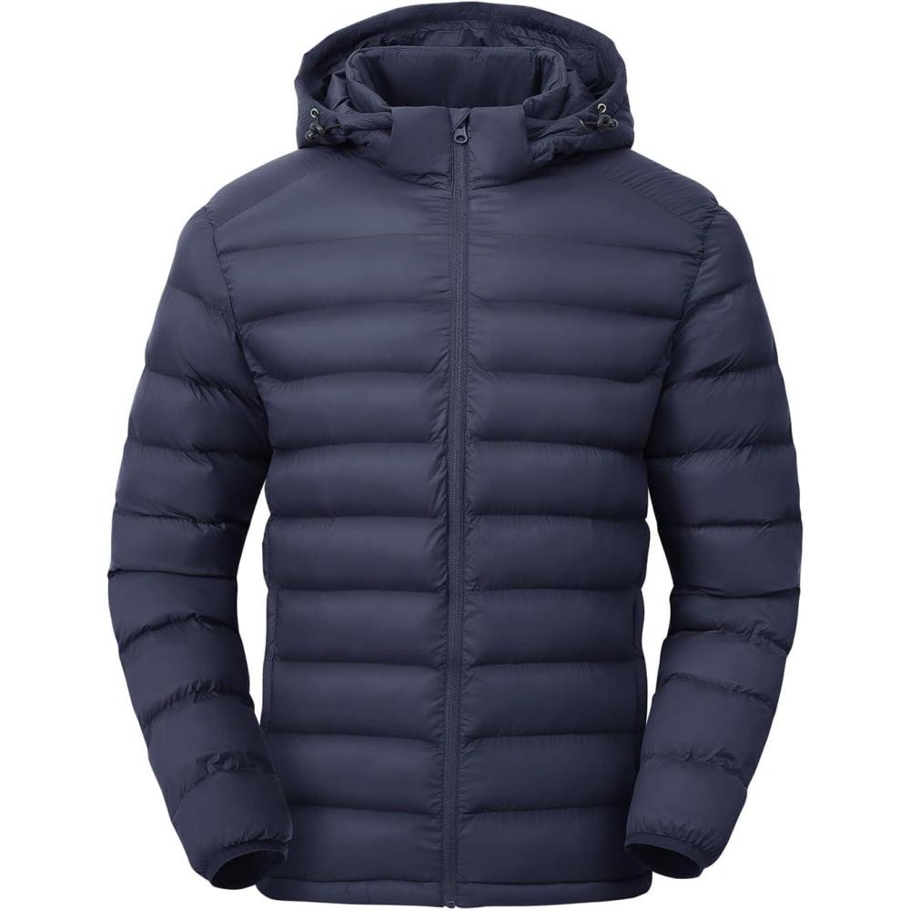 imageTBMPOY Mens Lightweight Puffer Jackets Detachable Hood WaterResistant Casual Winter Coat Hooded Insulated for Travel SkiNavy