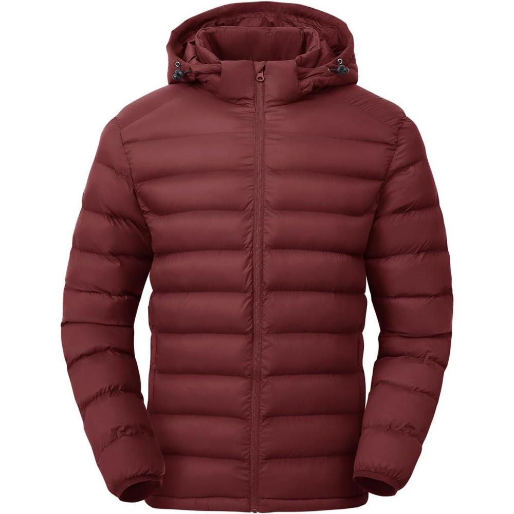 imageTBMPOY Mens Lightweight Puffer Jackets Detachable Hood WaterResistant Casual Winter Coat Hooded Insulated for Travel SkiWine Red
