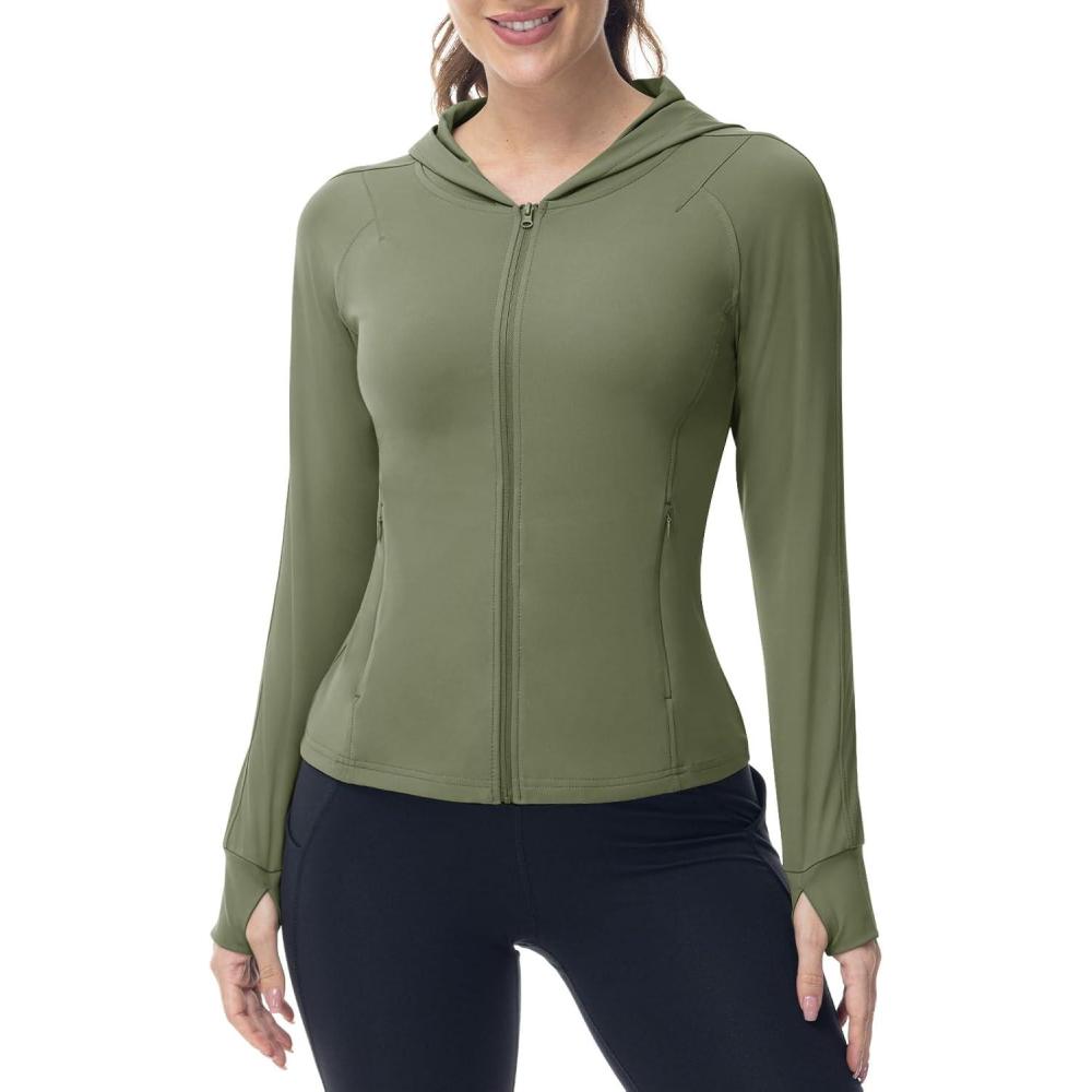 imageTBMPOY Womens Full Zip Hoodie Lightweight Athletic Jackets Slim Fit Workout Track Running Jacket with Thumb HolesGreen