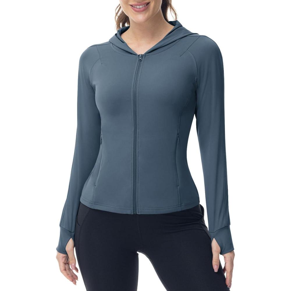 imageTBMPOY Womens Full Zip Hoodie Lightweight Athletic Jackets Slim Fit Workout Track Running Jacket with Thumb HolesGrey Blue