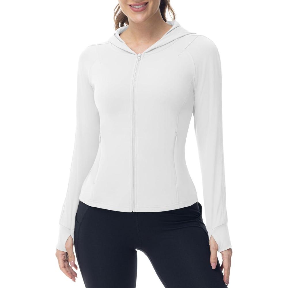 imageTBMPOY Womens Full Zip Hoodie Lightweight Athletic Jackets Slim Fit Workout Track Running Jacket with Thumb HolesWhite