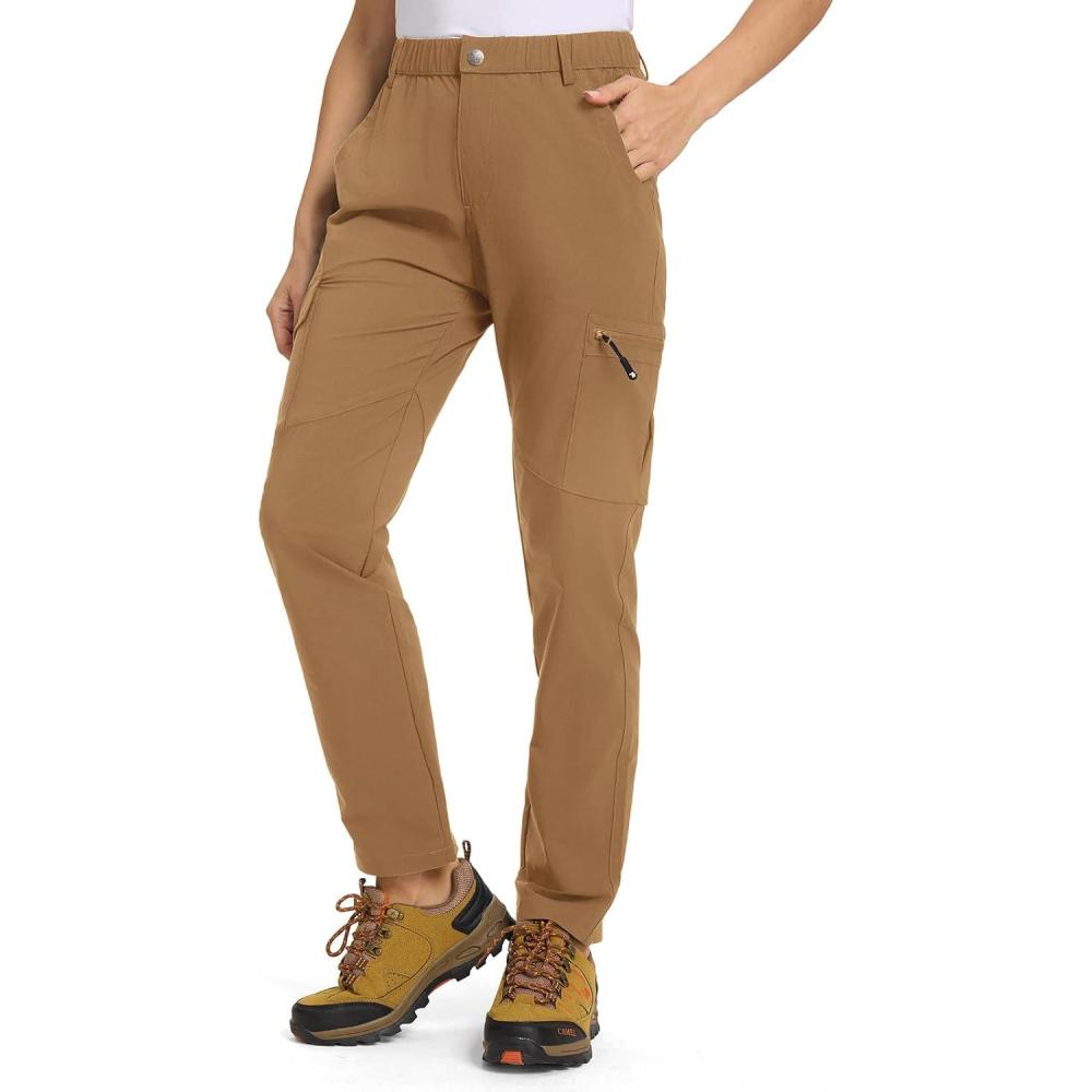 imageTBMPOY Womens Hiking Cargo Pants Lightweight Water Resistant Quick Dry Fishing Camping Travel Work Pant with 6 PocketsLight Brown