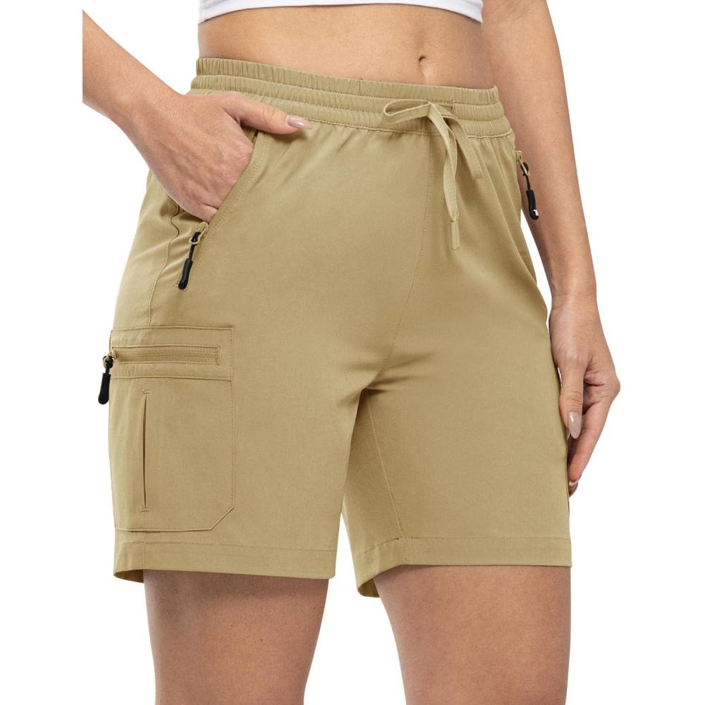 imageTBMPOY Womens Hiking Cargo Shorts Lightweight Quick Dry Athletic Summer Shorts Golf Travel Camping with Zipper PocketsKhaki