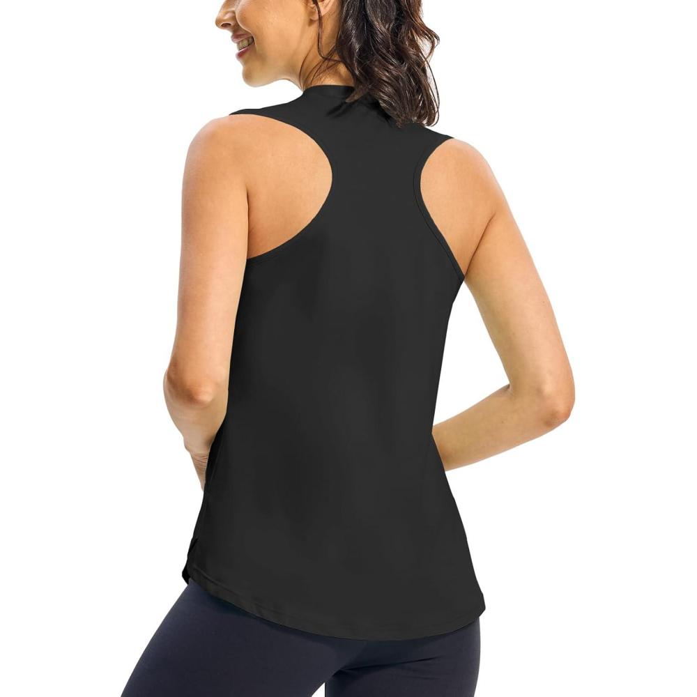 imageTBMPOY Womens Workout Tank Tops High Crew Neck Racerback Lightweight Muscle Dry Fit Tennis Sleeveless Athletic Running YogaBlack