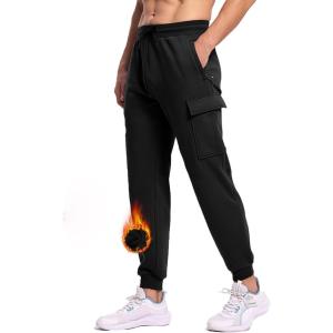 imageTBMPOY Mens Cargo Sweatpants Joggers Winter Fleece Lined Pants Gym Running Cotton Pants with Zipper PocketsBlack