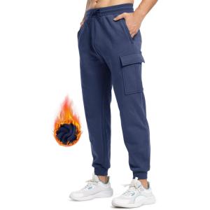imageTBMPOY Mens Cargo Sweatpants Joggers Winter Fleece Lined Pants Gym Running Cotton Pants with Zipper PocketsDenim Blue