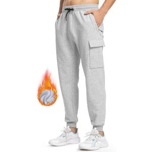 imageTBMPOY Mens Cargo Sweatpants Joggers Winter Fleece Lined Pants Gym Running Cotton Pants with Zipper PocketsLight Grey