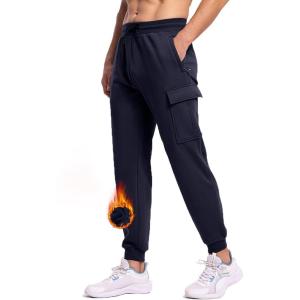 imageTBMPOY Mens Cargo Sweatpants Joggers Winter Fleece Lined Pants Gym Running Cotton Pants with Zipper PocketsNavy