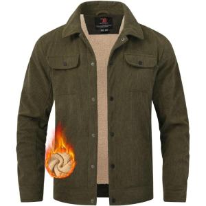 imageTBMPOY Mens Corduroy Jacket Sherpa Fleece Lined Jackets Warm Winter Trucker Work Casual Hiking Coat with 5 PocketsArmy Green