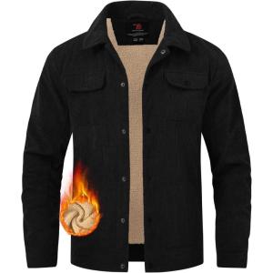 imageTBMPOY Mens Corduroy Jacket Sherpa Fleece Lined Jackets Warm Winter Trucker Work Casual Hiking Coat with 5 PocketsBlack