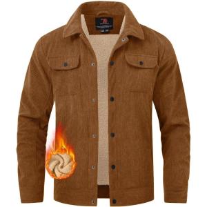 imageTBMPOY Mens Corduroy Jacket Sherpa Fleece Lined Jackets Warm Winter Trucker Work Casual Hiking Coat with 5 PocketsBrown