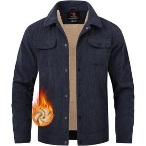 imageTBMPOY Mens Corduroy Jacket Sherpa Fleece Lined Jackets Warm Winter Trucker Work Casual Hiking Coat with 5 PocketsNavy Blue