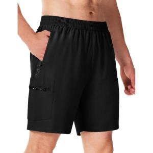 imageTBMPOY Mens Hiking Shorts 7quot Quick Dry Lightweight Cargo Fishing Shorts with Zipper Pockets Elastic Waist Drawstring WalkingBlack