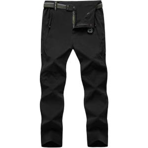imageTBMPOY Mens Lightweight Hiking Pants with Belt 5 Zip Pockets Waterproof QuickDry Travel Fishing Work Outdoor PantsA3thin Black