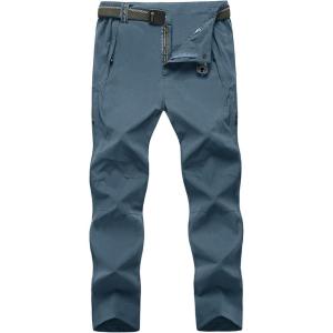 imageTBMPOY Mens Lightweight Hiking Pants with Belt 5 Zip Pockets Waterproof QuickDry Travel Fishing Work Outdoor PantsA4thin Stone Blue