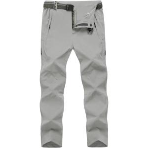 imageTBMPOY Mens Lightweight Hiking Pants with Belt 5 Zip Pockets Waterproof QuickDry Travel Fishing Work Outdoor PantsA7thin Light Gray