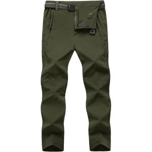 imageTBMPOY Mens Lightweight Hiking Pants with Belt 5 Zip Pockets Waterproof QuickDry Travel Fishing Work Outdoor PantsA8thin Green