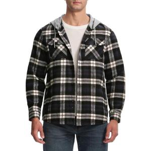 imageTBMPOY Mens Lightweight Hoodie Shirts Plaid Flannel Button Up Long Sleeve Pajamas with Pockets Hoodie Fall Casual OutfitsBlack Navy