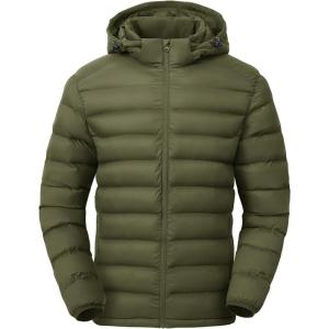 imageTBMPOY Mens Lightweight Puffer Jackets Detachable Hood WaterResistant Casual Winter Coat Hooded Insulated for Travel SkiArmy Green