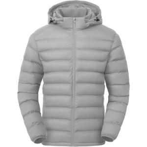 imageTBMPOY Mens Lightweight Puffer Jackets Detachable Hood WaterResistant Casual Winter Coat Hooded Insulated for Travel SkiLight Grey