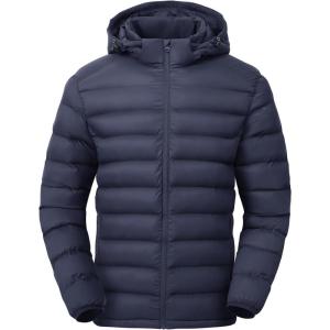 imageTBMPOY Mens Lightweight Puffer Jackets Detachable Hood WaterResistant Casual Winter Coat Hooded Insulated for Travel SkiNavy