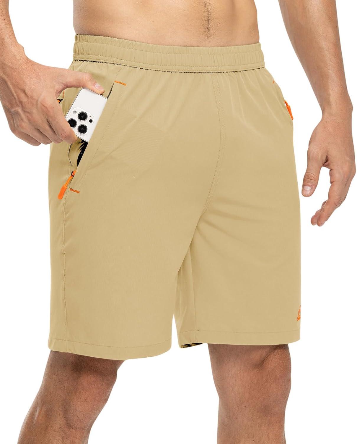 imageTBMPOY Mens 7quot Running Hiking Shorts Quick Dry Athletic Gym Outdoor Sports Workout Short 3 Zipper PocketsA24light Khaki
