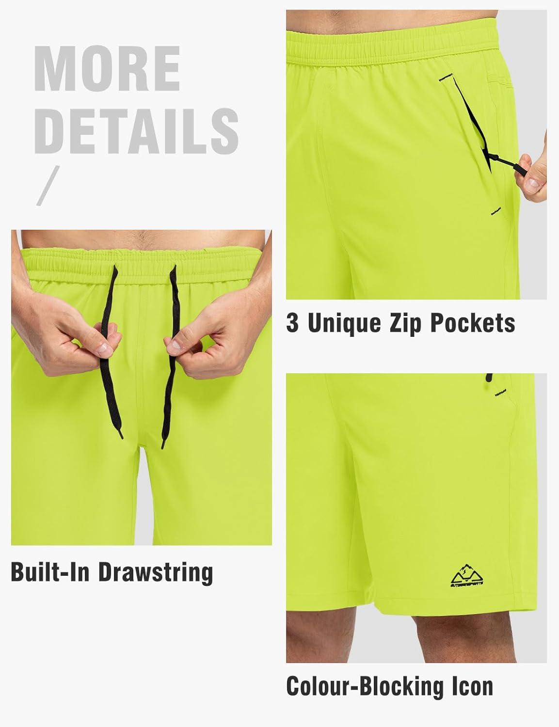 imageTBMPOY Mens 7quot Running Hiking Shorts Quick Dry Athletic Gym Outdoor Sports Workout Short 3 Zipper PocketsA25fluorescent Green