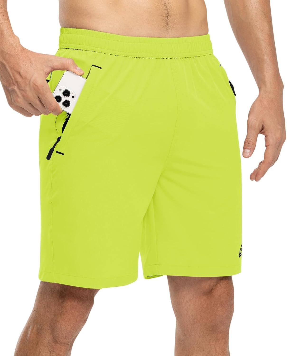 imageTBMPOY Mens 7quot Running Hiking Shorts Quick Dry Athletic Gym Outdoor Sports Workout Short 3 Zipper PocketsA25fluorescent Green