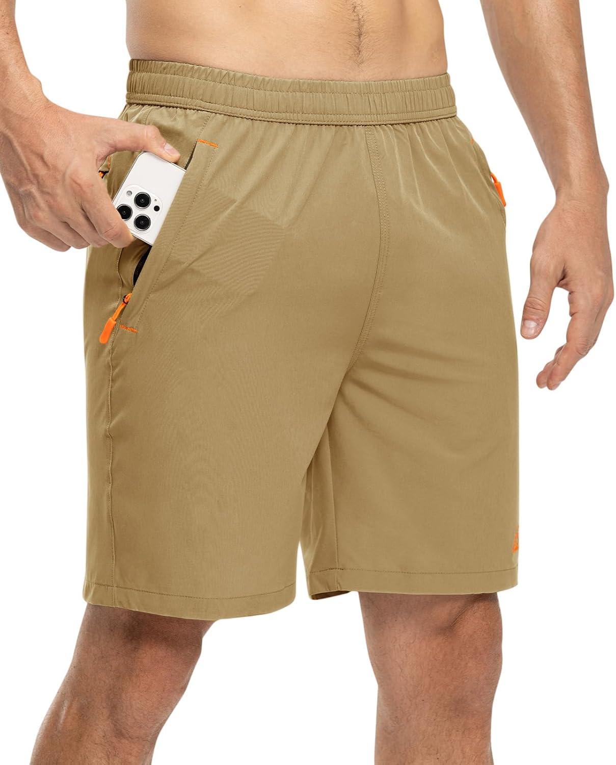 imageTBMPOY Mens 7quot Running Hiking Shorts Quick Dry Athletic Gym Outdoor Sports Workout Short 3 Zipper PocketsA5khaki