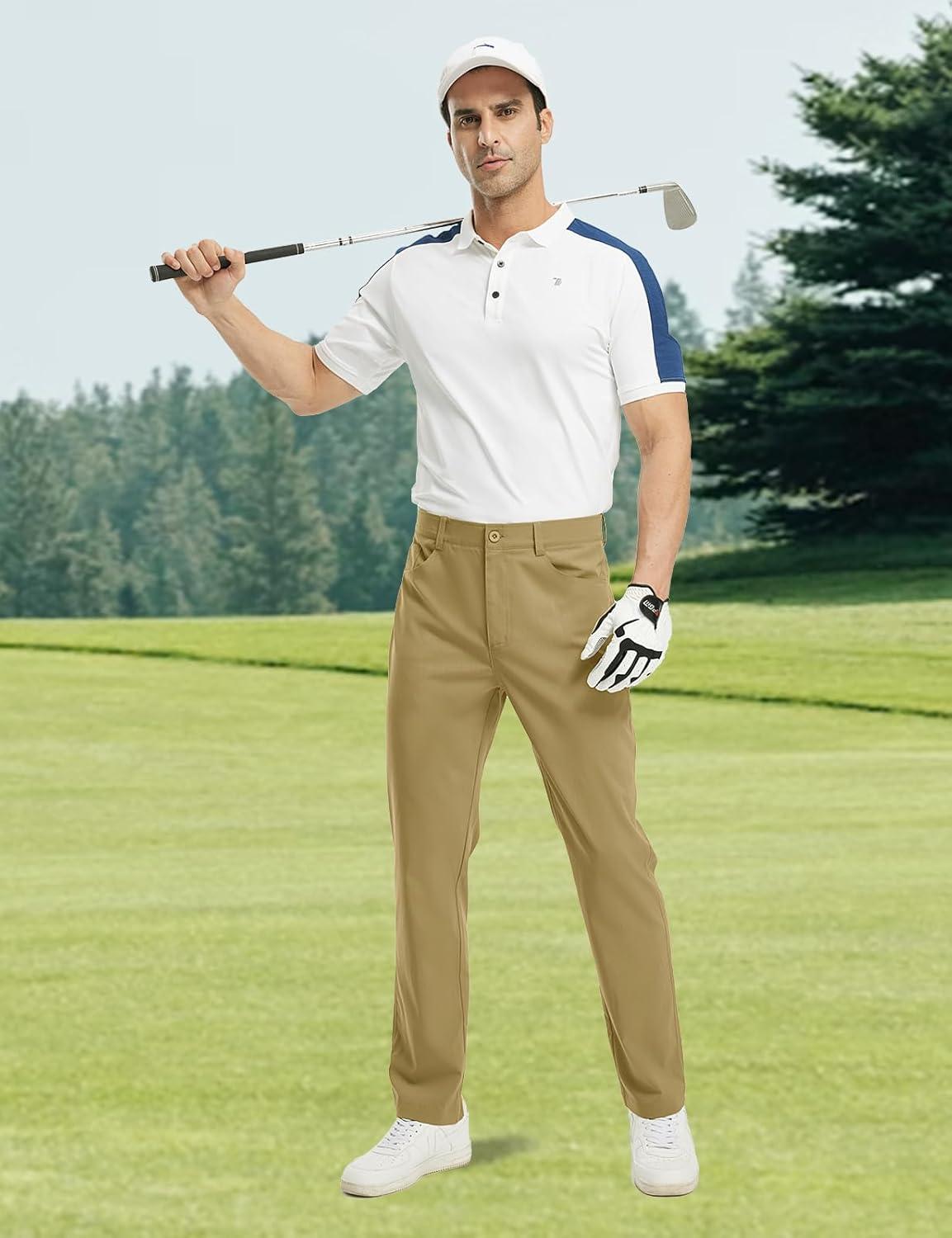 imageTBMPOY Mens Golf Pants Classic Fit Dress Work Pants Lightweight Comfortable Business Casual Pants with 5 PocketsKhaki