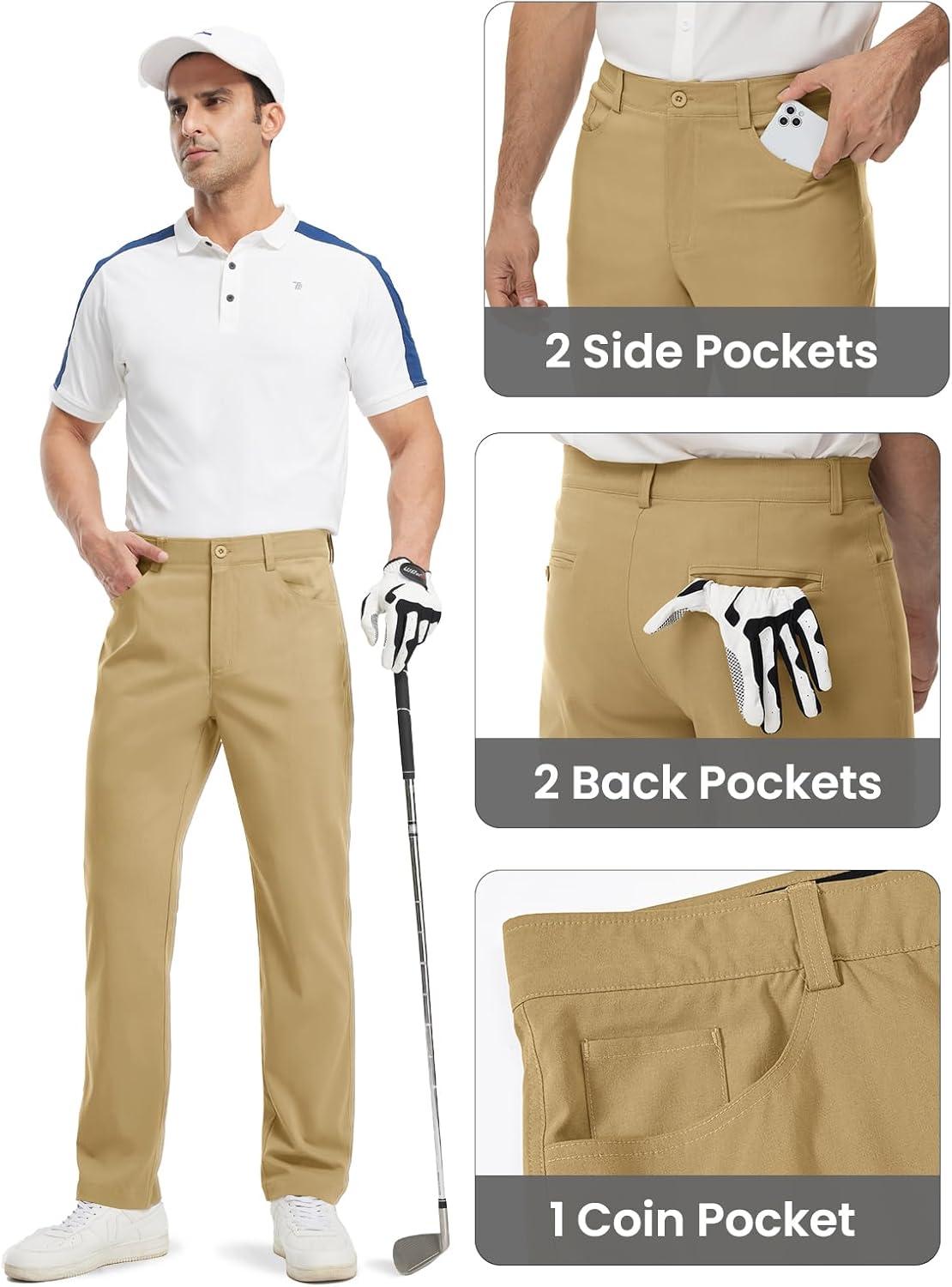 imageTBMPOY Mens Golf Pants Classic Fit Dress Work Pants Lightweight Comfortable Business Casual Pants with 5 PocketsKhaki