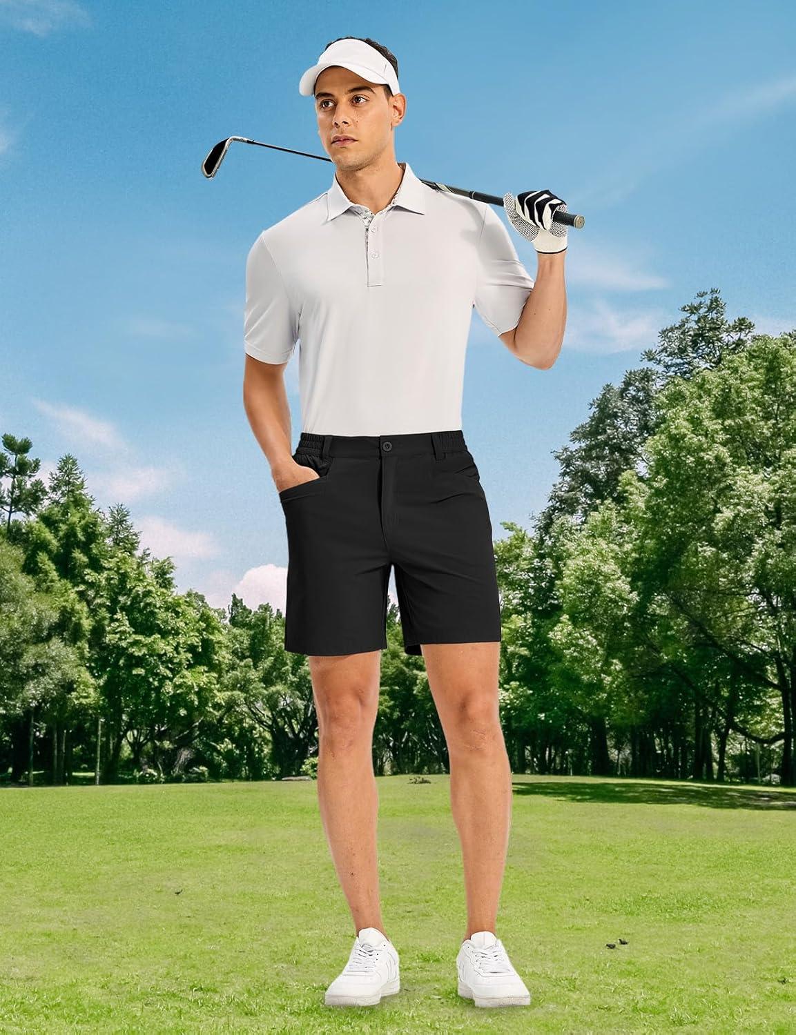 imageTBMPOY Mens Golf Shorts 7quot Stretch Dress Casual Elastic Waist Short Quick Dry Lightweight Hiking Shorts with 4 PocketsBlack