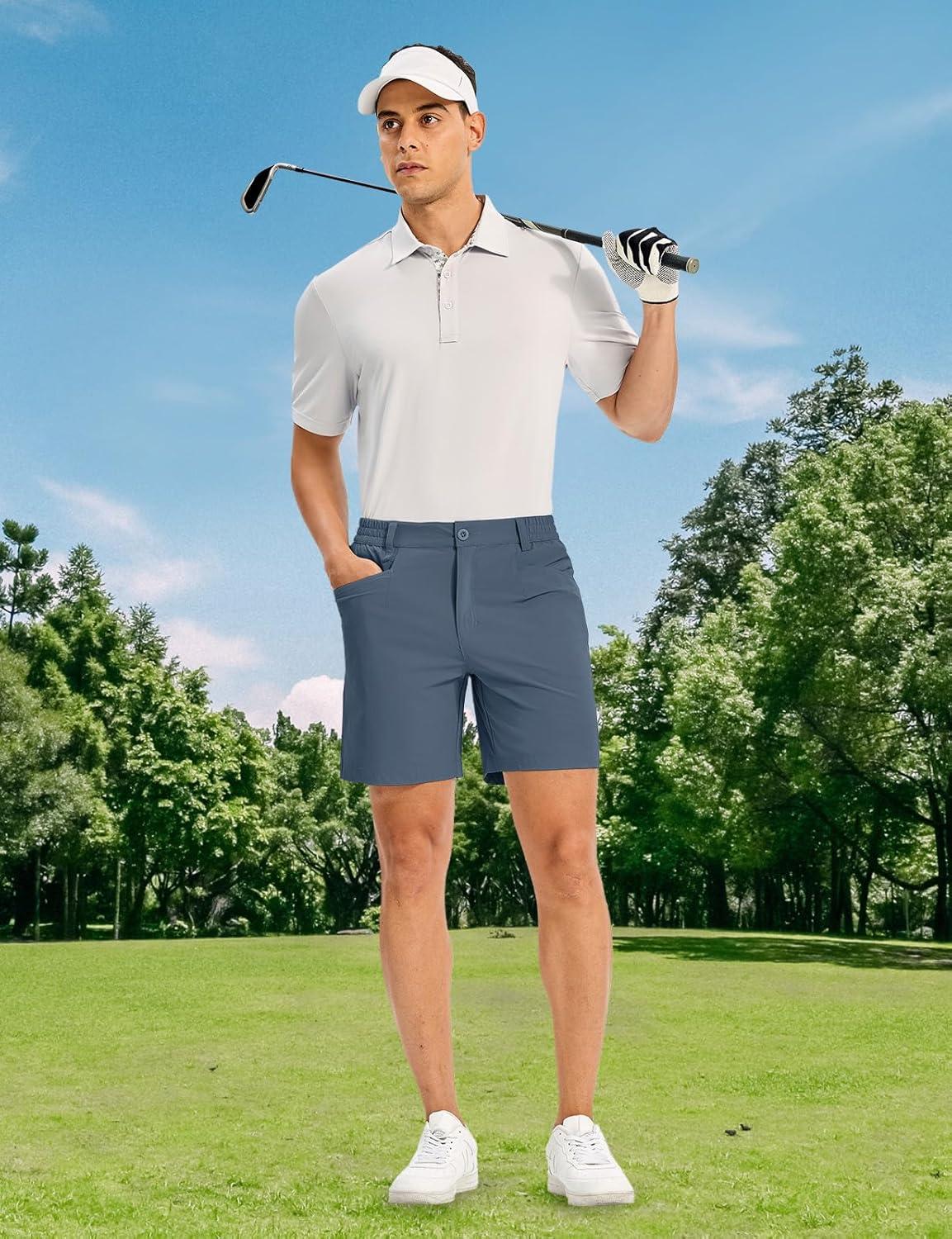 imageTBMPOY Mens Golf Shorts 7quot Stretch Dress Casual Elastic Waist Short Quick Dry Lightweight Hiking Shorts with 4 PocketsDenim Blue