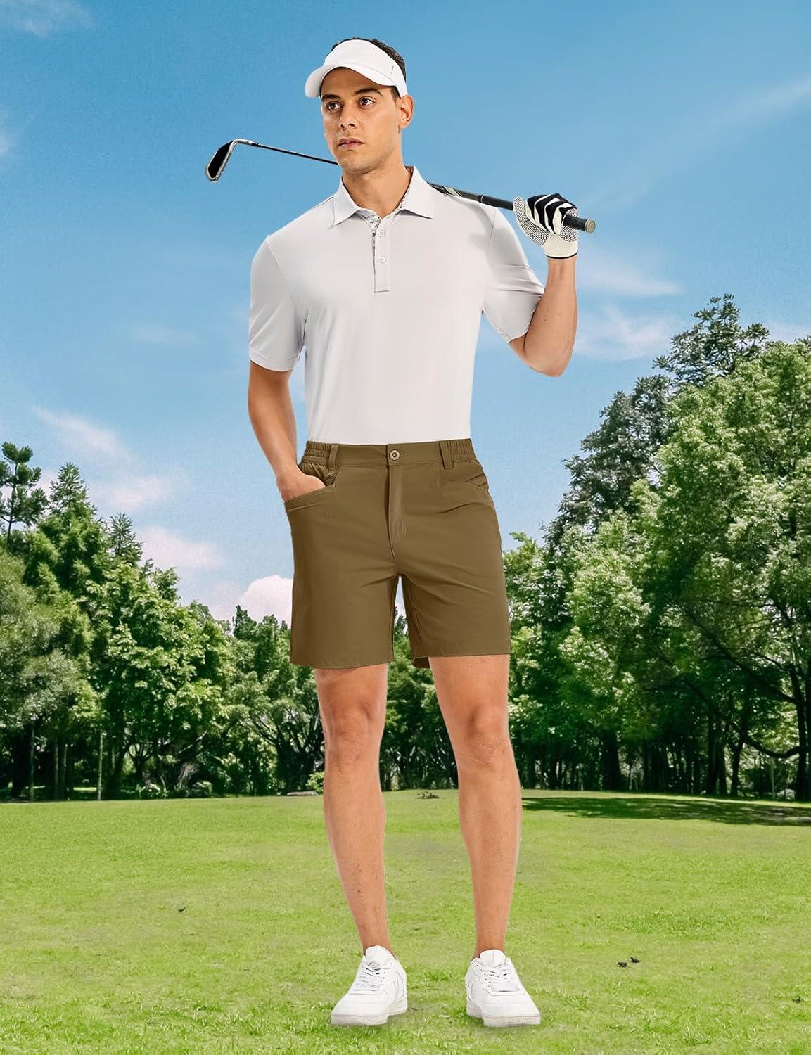 imageTBMPOY Mens Golf Shorts 7quot Stretch Dress Casual Elastic Waist Short Quick Dry Lightweight Hiking Shorts with 4 PocketsGold Khaki