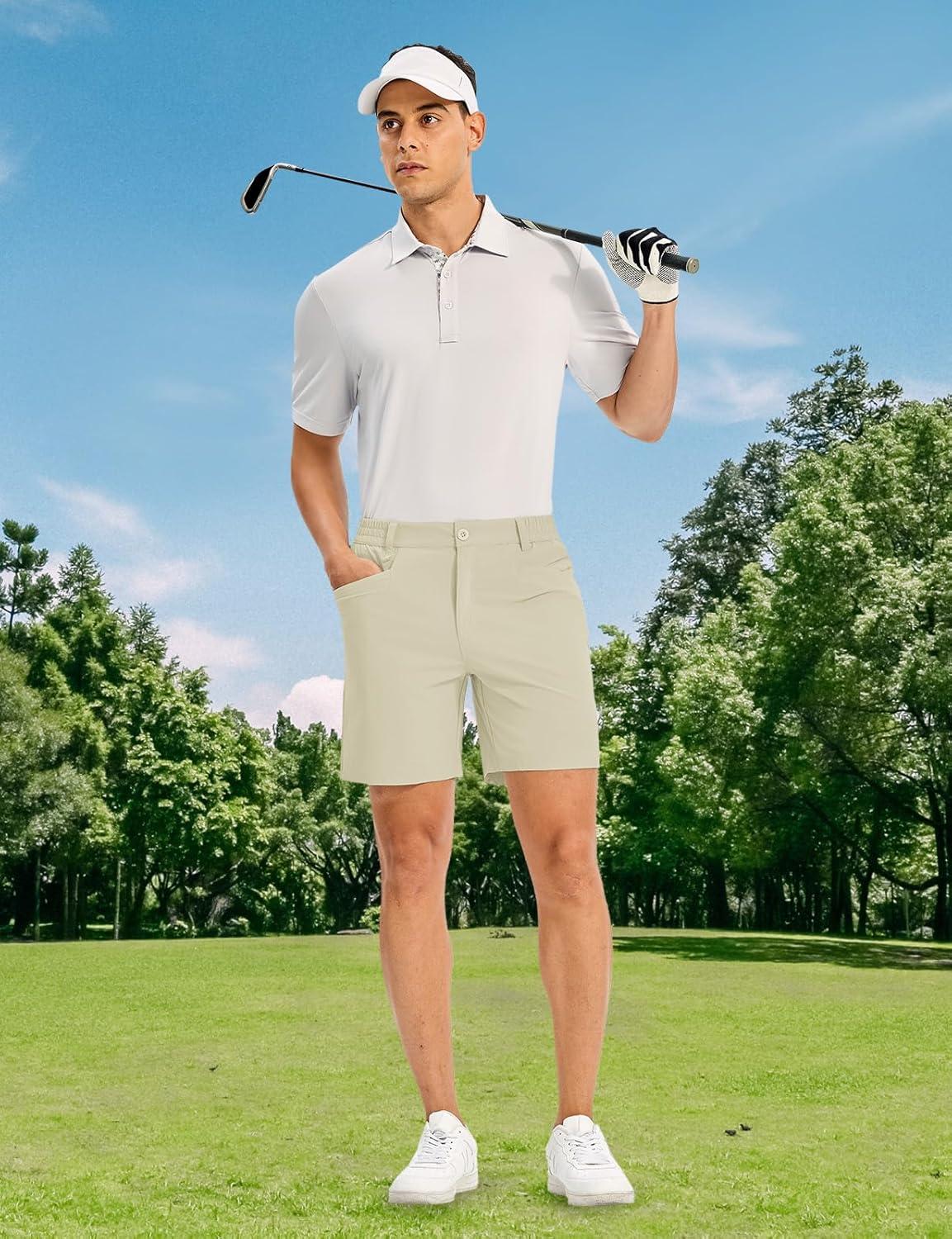 imageTBMPOY Mens Golf Shorts 7quot Stretch Dress Casual Elastic Waist Short Quick Dry Lightweight Hiking Shorts with 4 PocketsLight Khaki