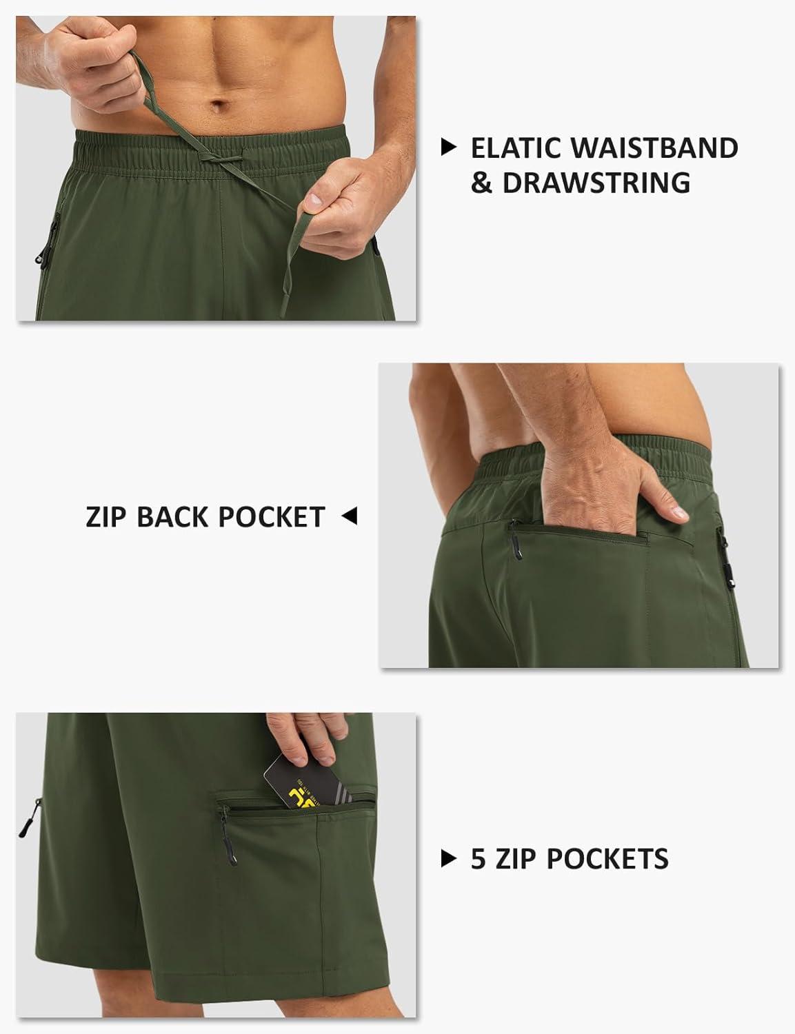 imageTBMPOY Mens Hiking Shorts with 5 Zip Pockets 9 Lightweight Outdoor Work Athletic Travel Short for Men Casual RunningGreen