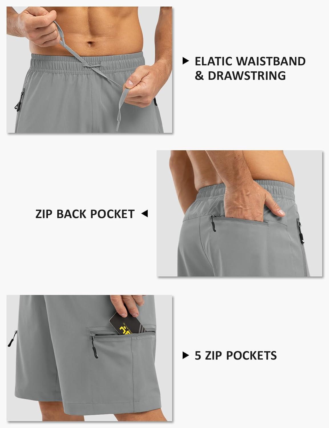 imageTBMPOY Mens Hiking Shorts with 5 Zip Pockets 9 Lightweight Outdoor Work Athletic Travel Short for Men Casual RunningLight Grey