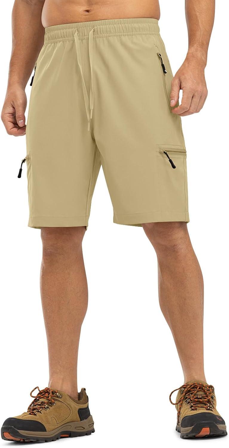 imageTBMPOY Mens Hiking Shorts with 5 Zip Pockets 9 Lightweight Outdoor Work Athletic Travel Short for Men Casual RunningLight Khaki