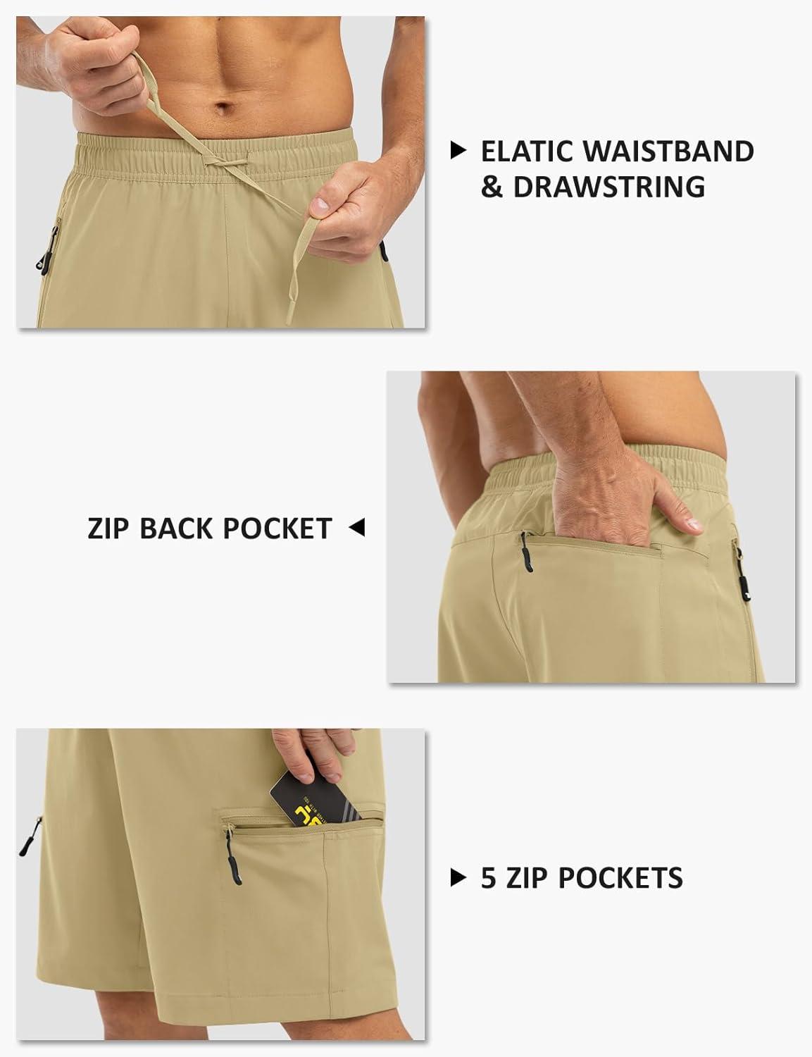 imageTBMPOY Mens Hiking Shorts with 5 Zip Pockets 9 Lightweight Outdoor Work Athletic Travel Short for Men Casual RunningLight Khaki